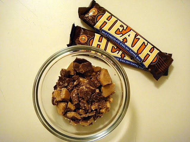 A cup of crumbled toffee bits from Heath bars