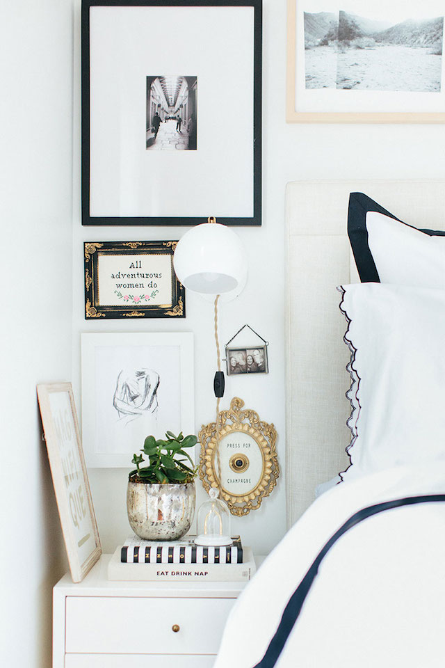 The-Everygirl-Alaina-Danielle-Home-Tour-Bedside-Table-Long-view | Affordable Oversized Mat Frames for your Home featured by top US interior design blog, York Avenue